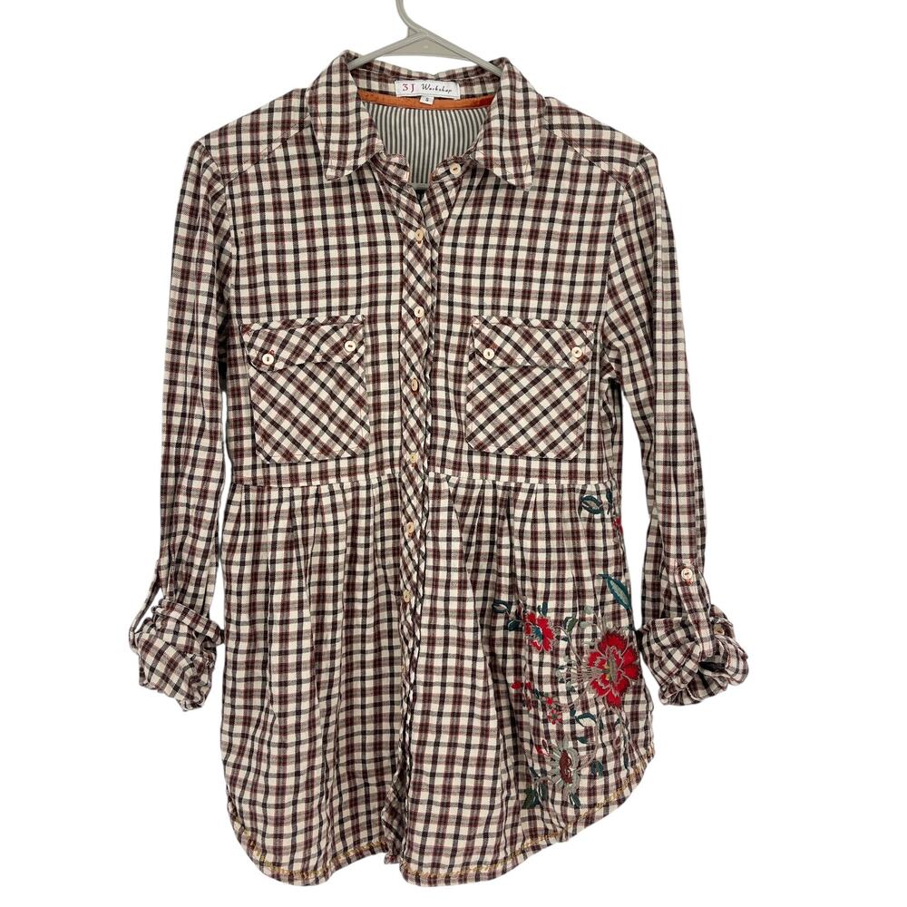 Johnny Was 3J Workshop Plaid Embroidered Button Shirt Boho Western Small Luxury